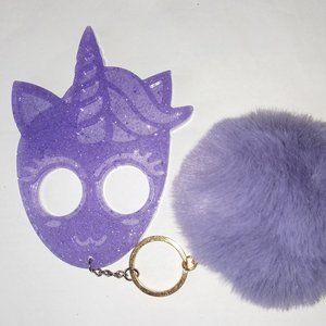 Purple Fluff Ball Sparkly  Unicorn Animal Keychain